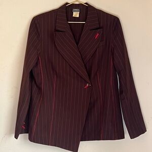 Vintage Chocolate Brown Burgundy Pinstripe Blazer Jacket Asymmetrical Women’s 12